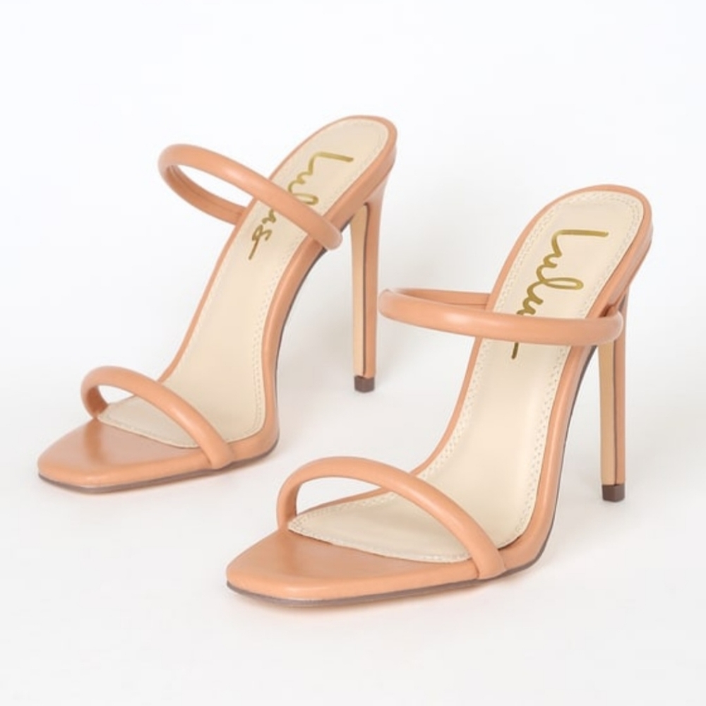 Lulu's Theyaa Tan Square-Toe High Heel Sandals